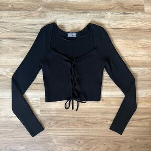 Urban Outfitters Black Lace-Up Thick Ribbed Knit Long Sleeve Cropped Top Women’s